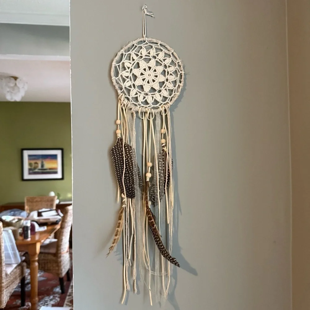 Boho Crochet Dream Catcher Wall Feather Tassel Decor Free People Style ~ 18”